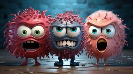 Cartoon characters cute, funny evil viruses, whimsical and infectious, creative and humorous animation of infectious microorganisms in comical and imaginative scenarios. - obrazy, fototapety, plakaty