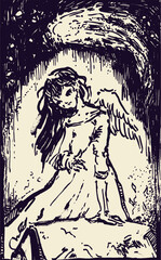 Hand drawn illustration with beautiful Angel girl. Ink graphic art. Magical illustration. Sketching with ink. - 672628677