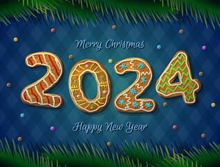 Card of New Year 2024 in shape of gingerbread. Cookies with pine branches on striped background. Vector illustration for new years day, christmas, winter holiday, new years eve, silvester, etc