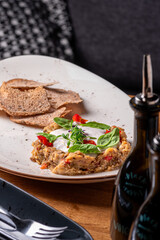 Eggplant spread with truffle cream. Delicious. Dish serving in a restaurant, menu food concept