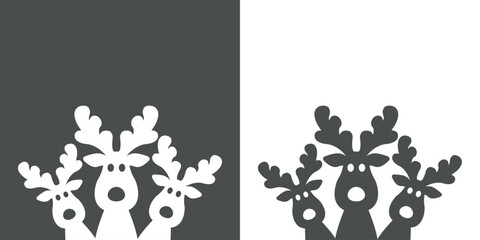 Tiempo de Navidad. Logo con silueta de grupo de cabezas de renos y reno Rudolph asomados para su uso en invitaciones y felicitaciones - obrazy, fototapety, plakaty