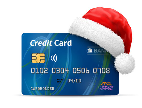 Bank credit card in red Santa Claus hat. Christmas hat is put on payment debit card with chip. Vector image for banking, financial industry, christmas, economy, new years day, payment system, shopping