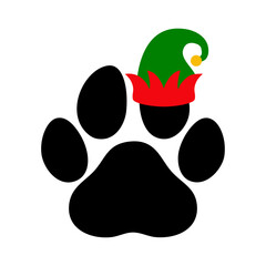 Tiempo de Navidad. Logo pet friendly. Silueta de zarpa de perro o gato con sombrero de elfo de Santa Claus para su uso en invitaciones y felicitaciones