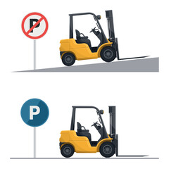 Properly parking the forklift on flat surfaces and not on slopes. Safety in handling a fork lift truck. Security First. Accident prevention at work. Industrial Safety and Occupational Health