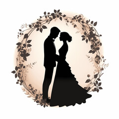Bride and groom silhouette, facing the future together, isolated on white background