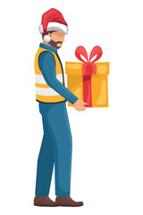 Industrial worker with christmas hat carrying gift box. Security First. Cargo and shipping logistics. Industrial storage and distribution of products. Industrial Safety and Occupational Health
