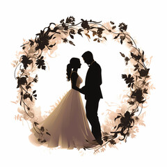 Silhouette of a bride and groom, forever connected, isolated on white background
