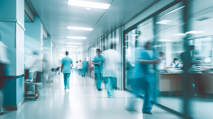 Fototapeta na wymiar Blurred image of doctors walking along a hospital corridor, abstract background