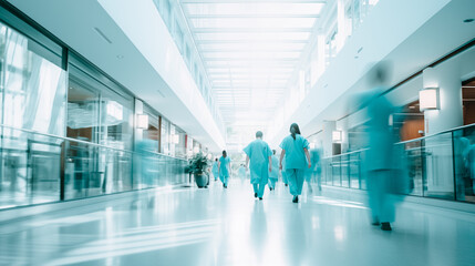 Fototapeta na wymiar group of medical staff walking in hospital corridor, motion blur, medical concept