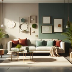 modern living  room arrangment , rust, sea green, offwhite, modern interior, plant, lighting, cosy, comfortable atmosphere, Ai generated