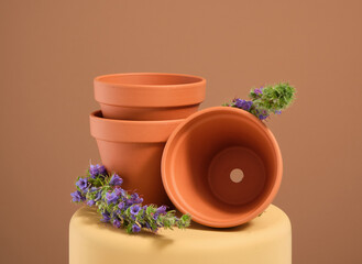 Clay pots for growing plants and flowers. Spring gardening.