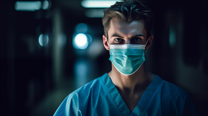 Fototapeta na wymiar Portrait of a male surgeon wearing a surgical mask in a hospital.