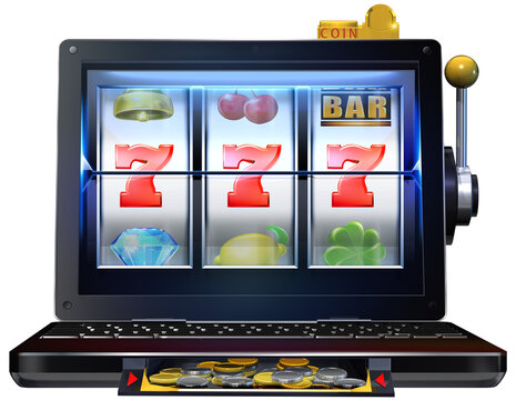 A laptop device featured as a virtual slot machine. 3D rendered illustration.