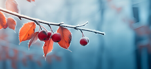Hawthorn berries in natures  frost and snow on dry forest bushes and seeds ripe red berries of crataegus laevigata plant. midland hawthorn, mayflower.AI Generative - obrazy, fototapety, plakaty
