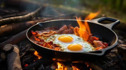 Camping breakfast with bacon and eggs in a cast iron skillet. Fried eggs with bacon in a pan in the forest. Food at the camp. Scrambled eggs with bacon on fire. generative ai