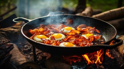 Camping breakfast with bacon and eggs in a cast iron skillet. Fried eggs with bacon in a pan in the forest. Food at the camp. Scrambled eggs with bacon on fire. generative ai