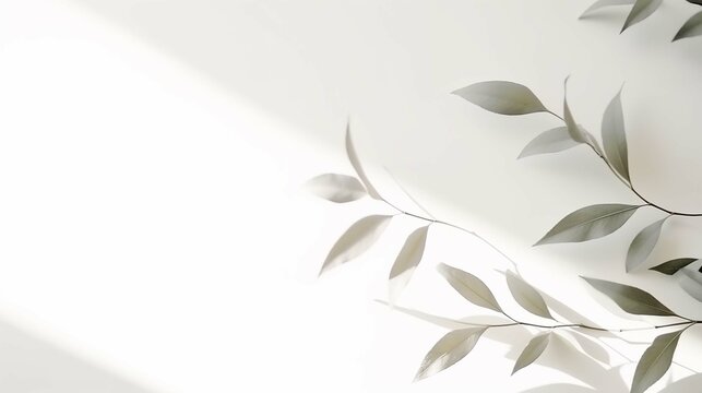 
Blurred shadow from leaves plants on the white wall. Minimal abstract background for product presentation. Spring and summer. generative ai