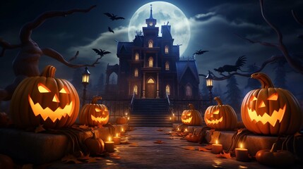 Halloween pumpkins in front of a haunted house. 3d render. Holiday event Halloween. generative ai