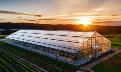 Aerial View of a Vibrant Greenhouse During Golden Hour