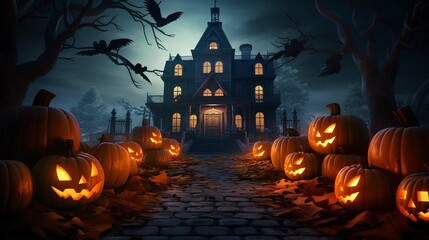 Halloween pumpkins in front of a haunted house. 3d render. Holiday event Halloween. generative ai