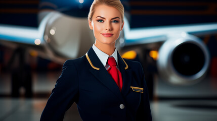 Portrait of beautiful stewardess in uniform standing in airport.