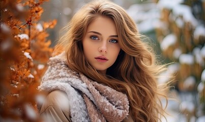 Woman With Flowing Locks and Fashionable Scarf