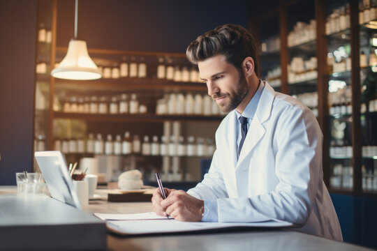 Portrait of a young pharmacist writing notes while working in a chemist
