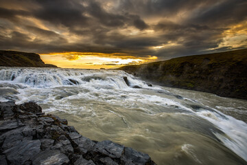 Icelandic waterfall Gullfoss, the most powerful waterfall in Europe.