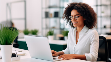smiling young african american businesswoman using laptop in office
