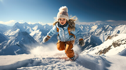 Fototapeta na wymiar preschool child running on the winter mountains, winter going outs