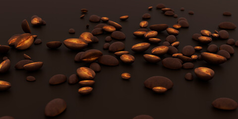 Realistic background with falling roasted coffee bean with blur effect. Flying espresso seed. Coffee grains burst for cafe ad design. Banner with coffee bean realistic