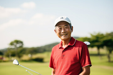 Portrait of an asian chinese active senior man golfer standing with his golf club driver in the golf course after the golf game waiting and looking - obrazy, fototapety, plakaty