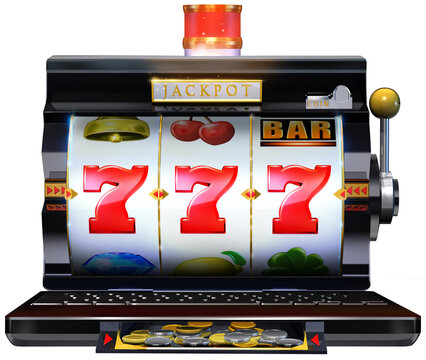 A laptop device featured as a vintage classic slot machine. 3D rendered illustration.