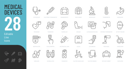 Medical Devices Line Editable Icons set. Vector illustration in modern thin line style of icons of devices for medical examination and measurements of health indicators. Isolated on white. - obrazy, fototapety, plakaty