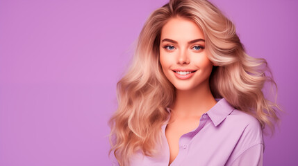 Portrait of a beautiful young woman with long blond hair on a purple background.