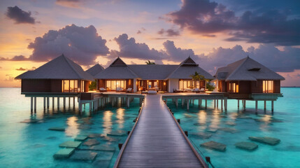 Maldives. Villa on piles on water at the time sunset. - obrazy, fototapety, plakaty