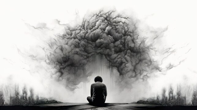 Depression and Anxiety Heavy Burden illustration black white color image.A man have a depression and sitting to back view,explosion above his head.