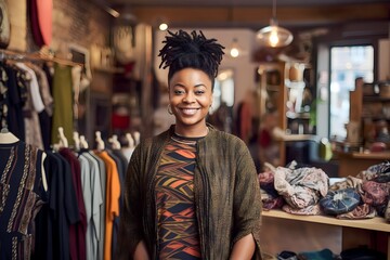 Fototapeta na wymiar smiling African woman clothing shop owner