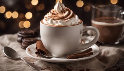 Cup of hot chocolate with whipped cream and cinnamon sticks on a saucer. The background is blurred...