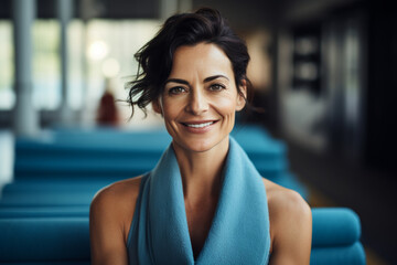 Portrait of Beautiful fit mature woman resting after workout, Proud brunette woman relaxing with blue towel around neck after yoga in par - obrazy, fototapety, plakaty
