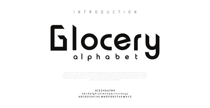 GLOCERY Minimal modern logo alphabet fonts. Typography minimalist urban digital neon future creative logos font. vector illustration