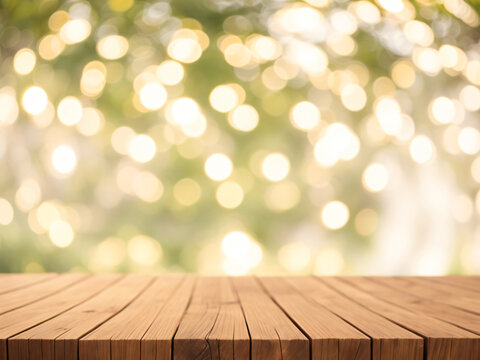 Wooden table, free space, with lights bokeh on blur garden background