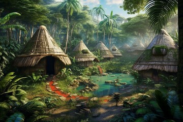 Rainforest tribe huts surrounded by lush nature. Ancient civilization in a tropical setting. Concept art showing aboriginal jungle village scene. Generative AI - obrazy, fototapety, plakaty