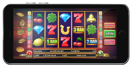 A smartphone screen in landscape mode presenting a virtual casino slot game. 3D rendered illustration.