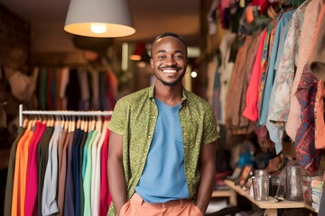 Fototapeta na wymiar smiling african man clothing shop owner