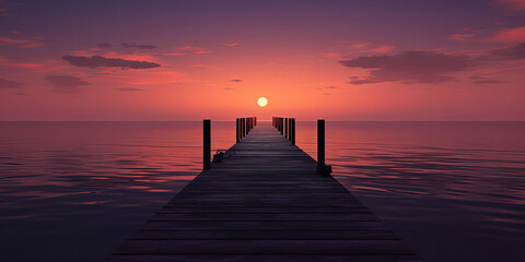 Obraz premium Wooden pier into beautiful sunset pier minimal anime style panorama landscape vibrant calm scene, generated ai
