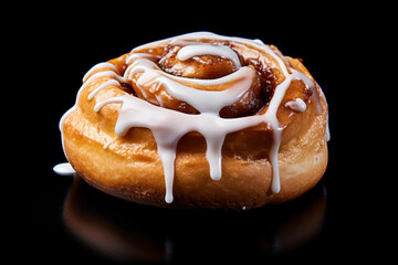 a cinnamon roll with icing on a black surface