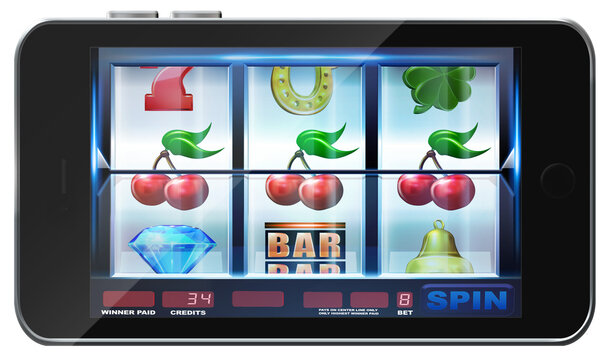 A smartphone screen in landscape mode displaying a virtual casino slot game. 3D rendered illustration.