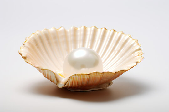 a pearl in a shell on a white surface