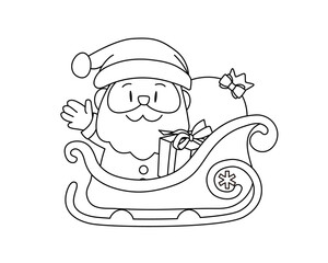 モノクロで描かれた温かみのあるサンタとソリ（白黒）